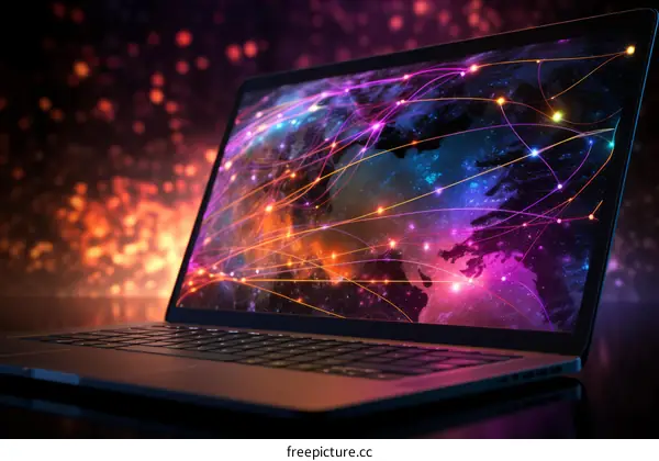 Laptop with a glowing globe on the screen