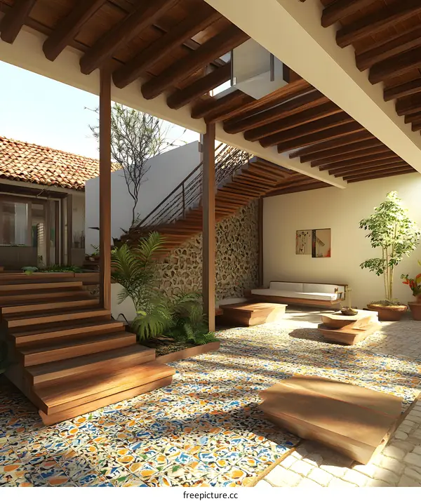 Modern Minimalist Patio Design with Wooden Beams and Stone Wall