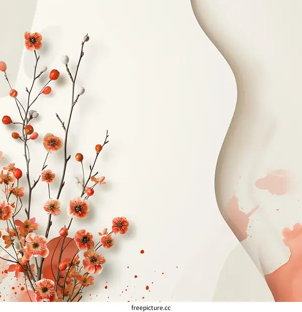 Minimalist Floral Design with Peach Blossom Branch on White Background