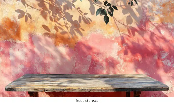Rustic Wooden Tabletop Against a Painted Wall with Leaf Shadows