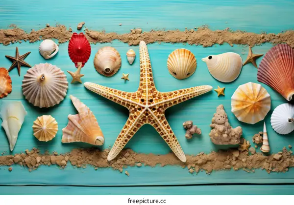 A variety of seashells and starfish are arranged on a blue wooden background.