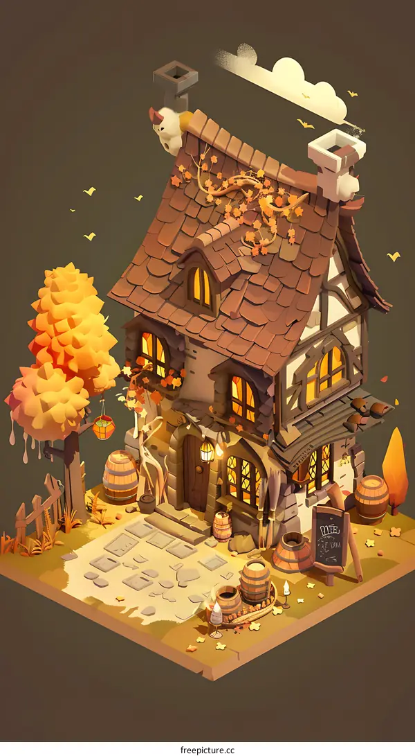 Autumn Cottage with Glowing Windows and Barrels