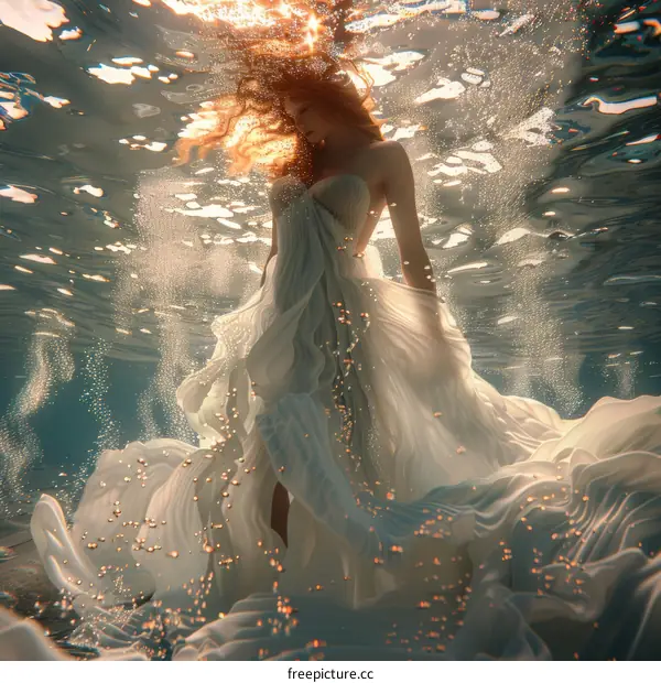 Woman in White Dress Swirls Underwater with Sunlight