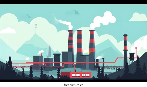 Industrial Landscape with Smokestacks and Mountains