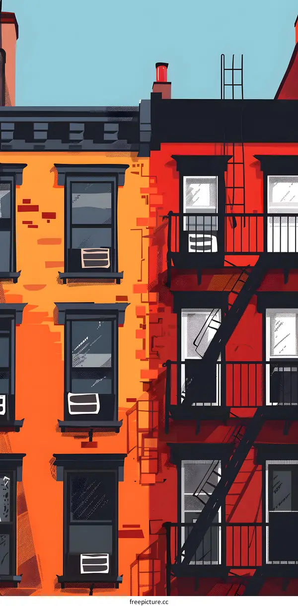 Orange and Red Brick Buildings with Fire Escape
