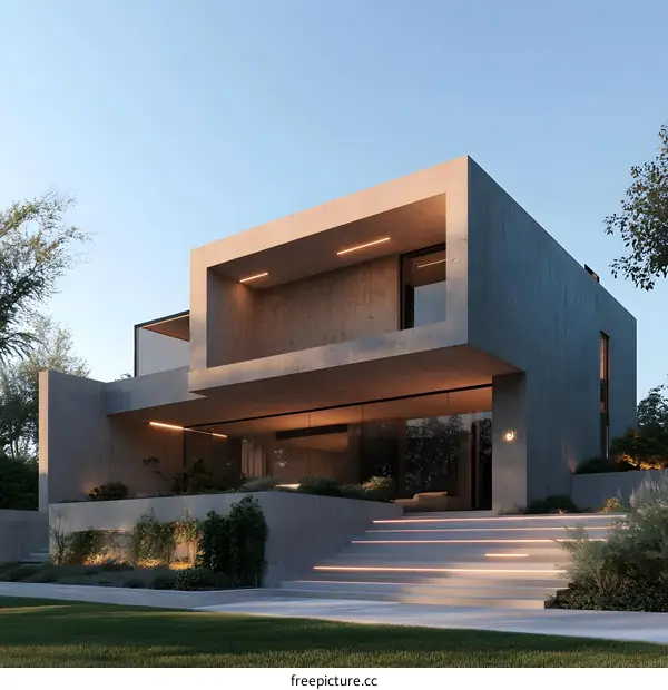 Modern Concrete House with Steps and Grass Lawn