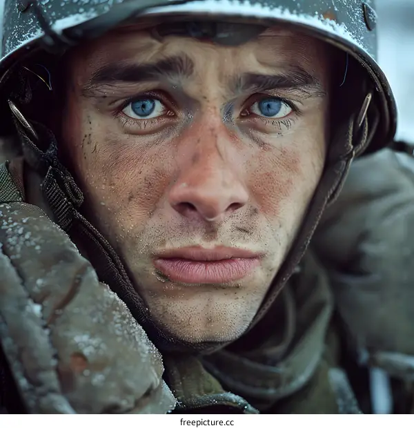 Portrait of a young soldier with blue eyes