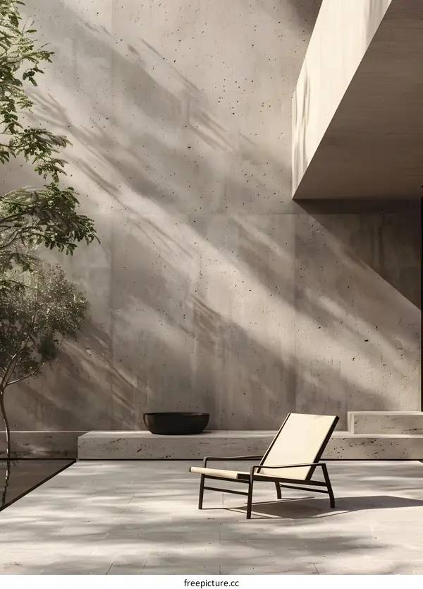 Modern Minimalist Concrete Patio With Chair and Bowl