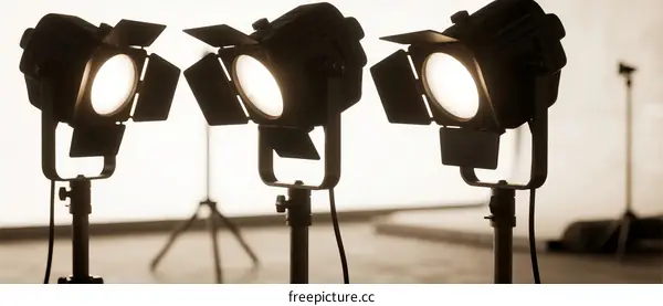 Three Bright Studio Lights Illuminating Empty Stage Area