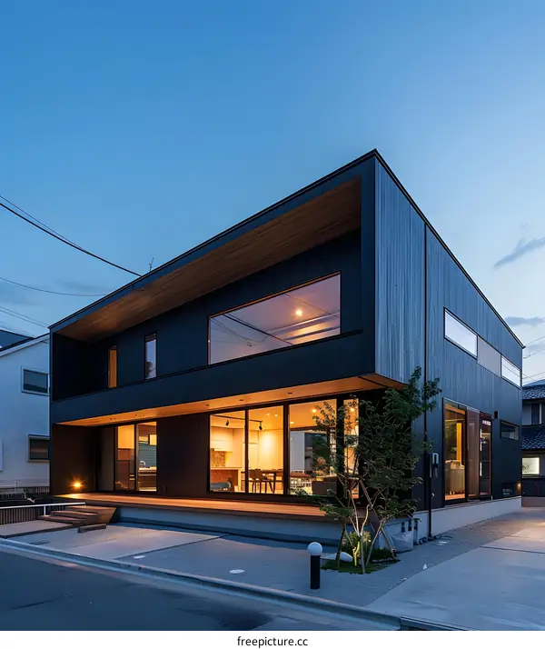 Modern Black House With Large Windows and Wooden Accents
