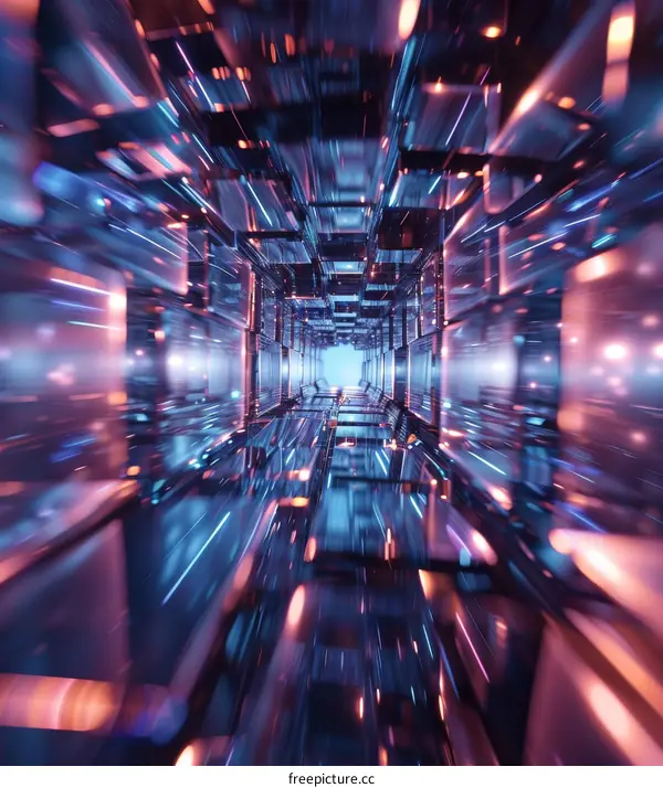 Glowing blue and purple neon lights in a dark sci-fi tunnel