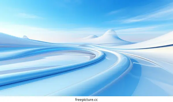 Blue and white abstract 3D landscape with a large curved road going through it