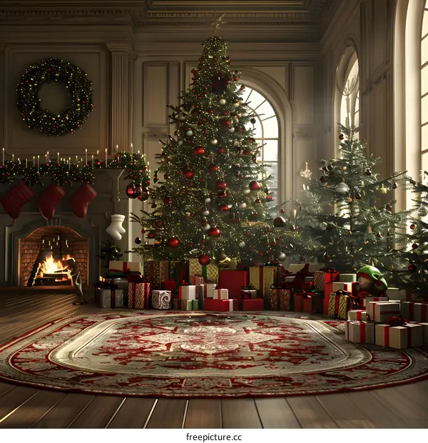 Christmas tree by the fireplace