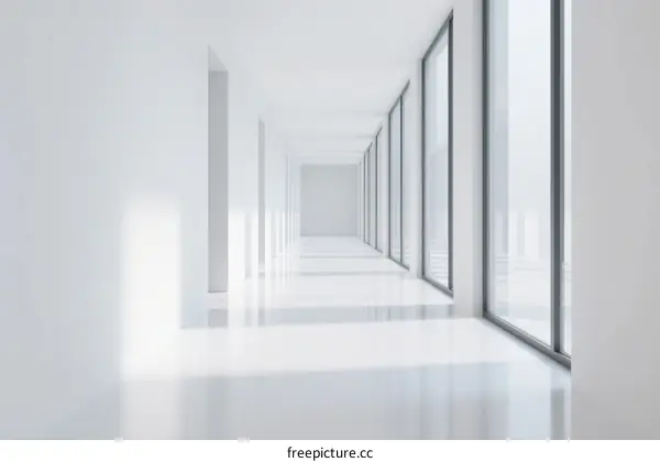 Minimalist White Corridor with Large Glass Windows and Reflective Floor