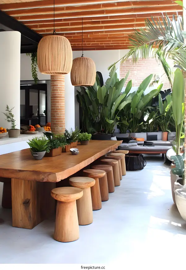 Modern Wooden Dining Table With Stools And Plants In A Patio Setting