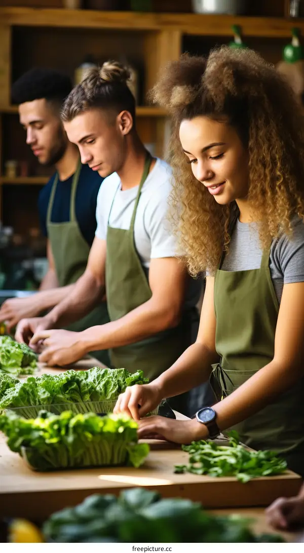 Three people in aprons preparing lettuce in a commercial kitchen