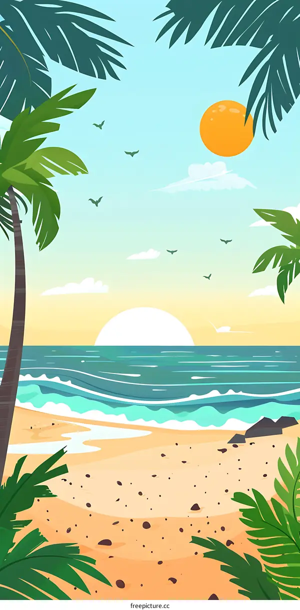 Tropical Beach Sunset Illustration