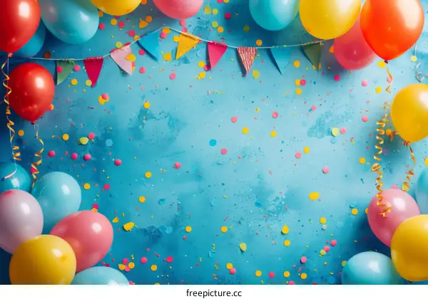 Colorful birthday balloons and confetti on blue background