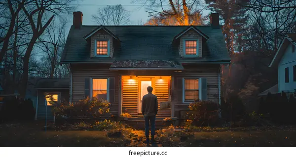 Man standing in front of a house at night