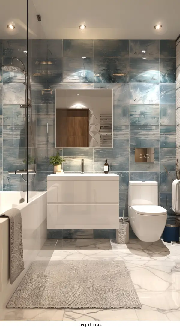 Blue and white bathroom interior with bathtub, sink and toilet