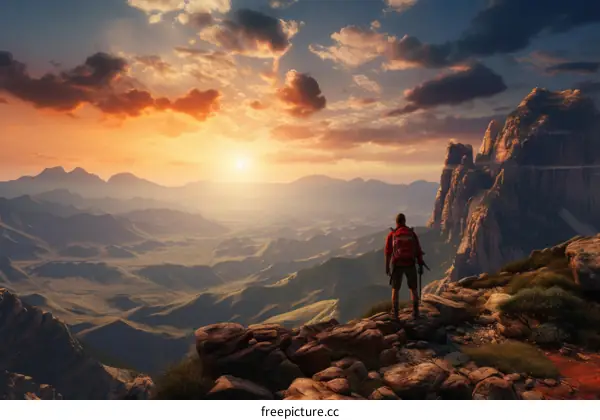 Man on top of a mountain at sunset