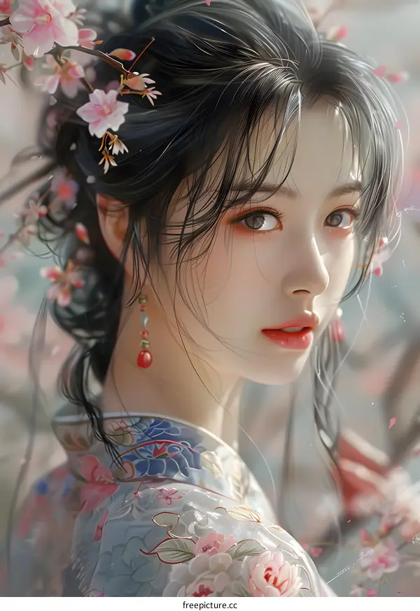 A beautiful Chinese girl in a kimono with cherry blossoms in her hair