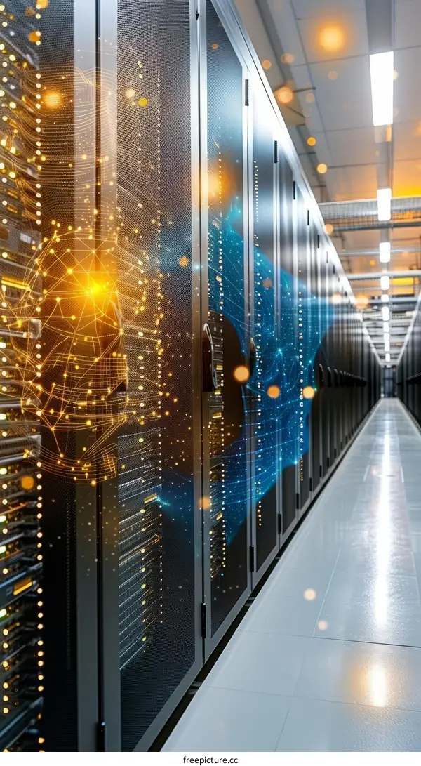 Server room with glowing network globe