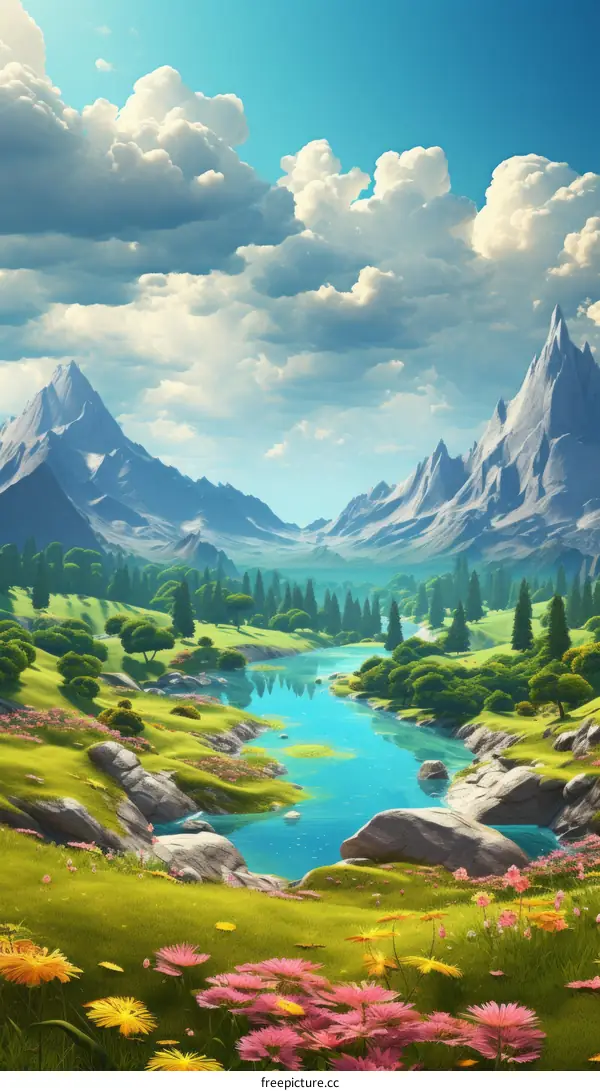 fantasy landscape with mountains, river and flowers