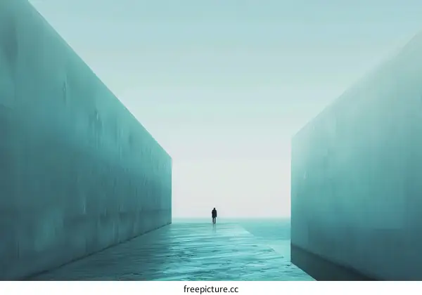 A lone figure stands in a vast, empty space.
