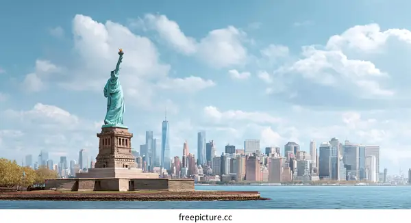 Statue of Liberty and New York City Skyline on a Sunny Day