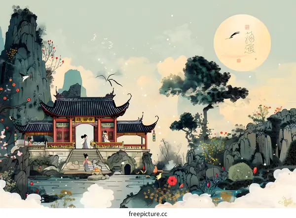 Chinese Traditional Watercolor Painting Landscape with Three Women in Pink and White Dress