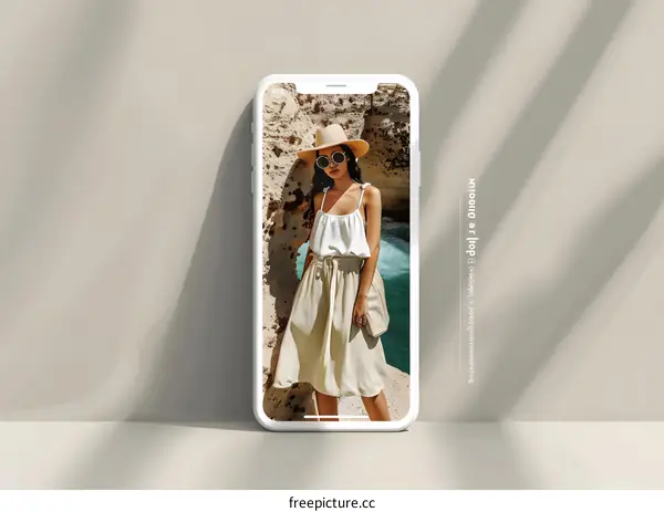 White Smartphone Mockup with Woman in Summer Outfit