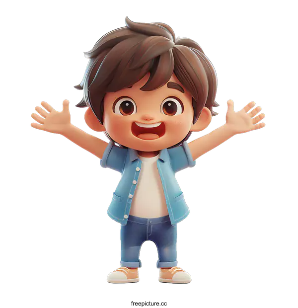 [Transparent Background PNG]Cheerful 3D cartoon boy with raised hands