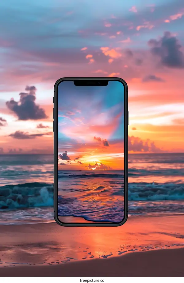 Smartphone on Beach Showing Sunset Seascape
