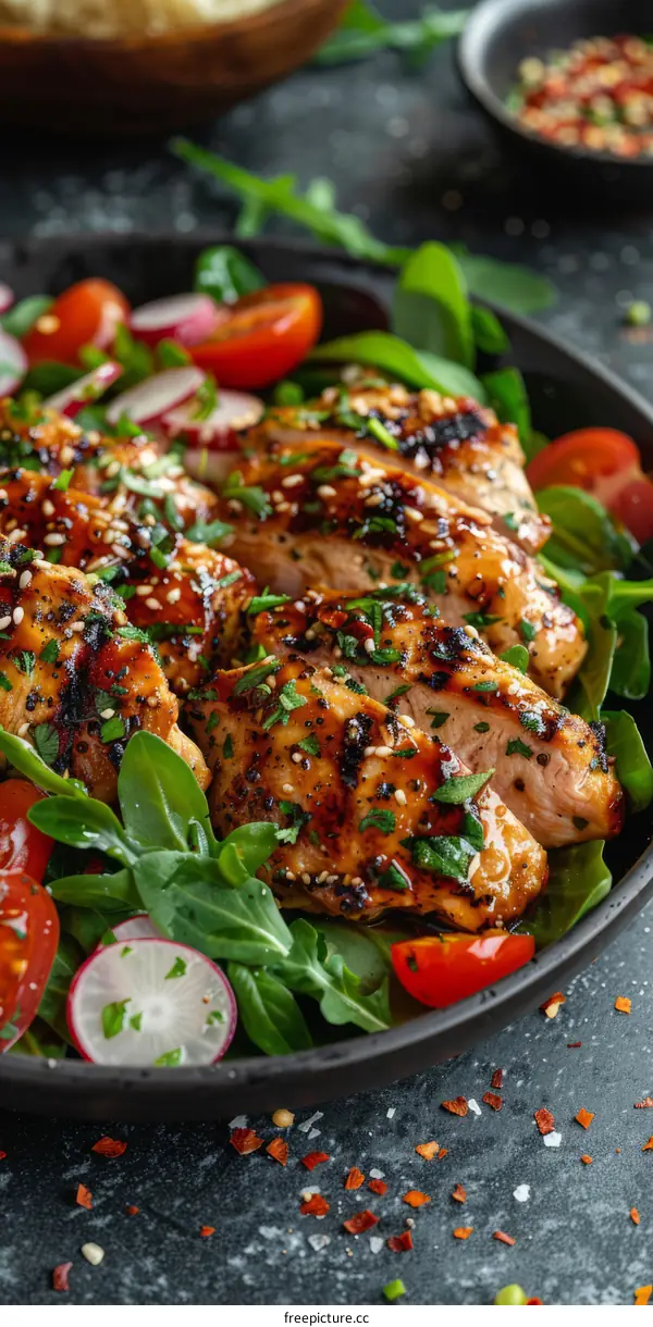 Grilled chicken breast with sesame dressing and fresh salad