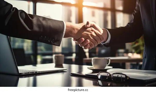 Two businessmen shaking hands over a desk with a laptop and coffee cups on it