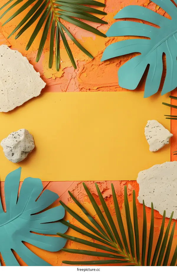 Tropical Leaves and Rocks on Yellow and Orange Background