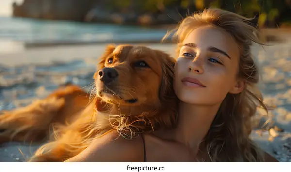 Golden Retriever Dog Leaning on Woman on Beach