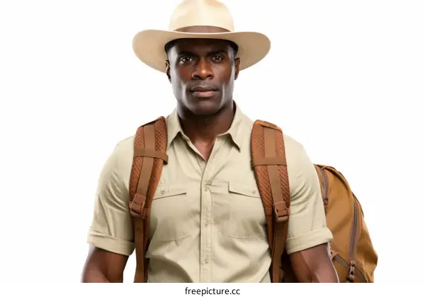 Black man wearing a safari hat and a backpack