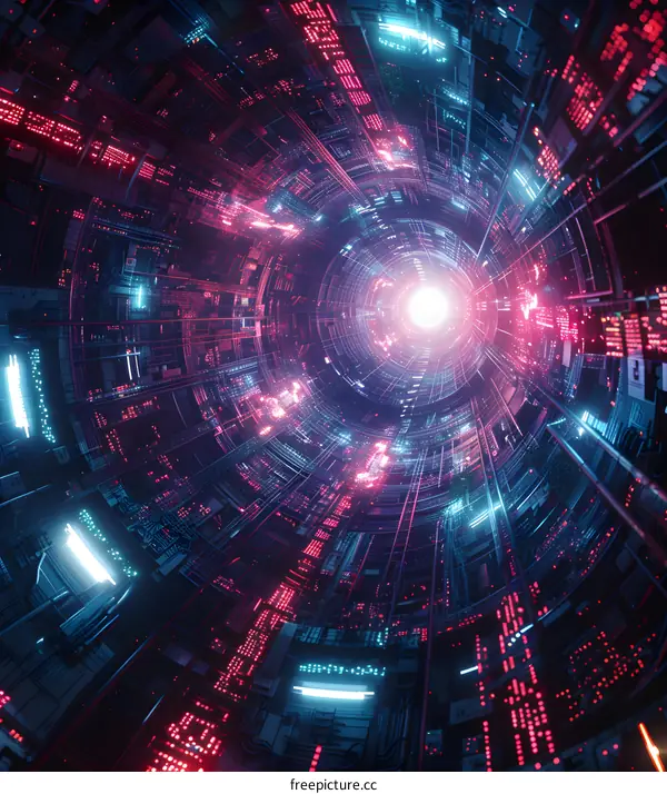 A glowing blue and pink digital tunnel