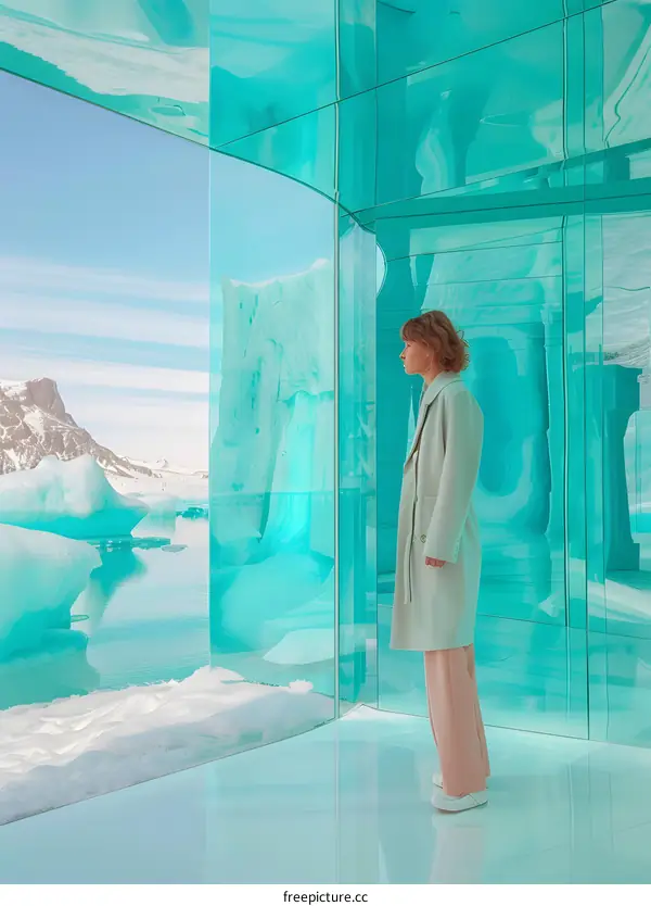 Woman in White Coat Standing in a Glass Room with an Iceberg View