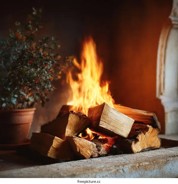 Cozy Fireplace with Burning Logs
