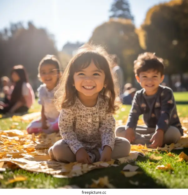 Toddlers playing in the fall leaves