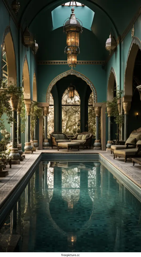 Indoor swimming pool with green tiles and arched doorways