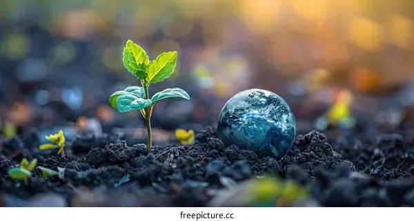 Growing Green Plant and Earth Globe on Soil with Blurred Green Background
