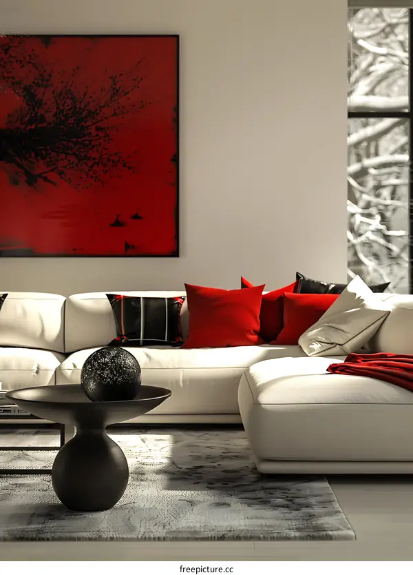 A modern living room with a red and white color scheme