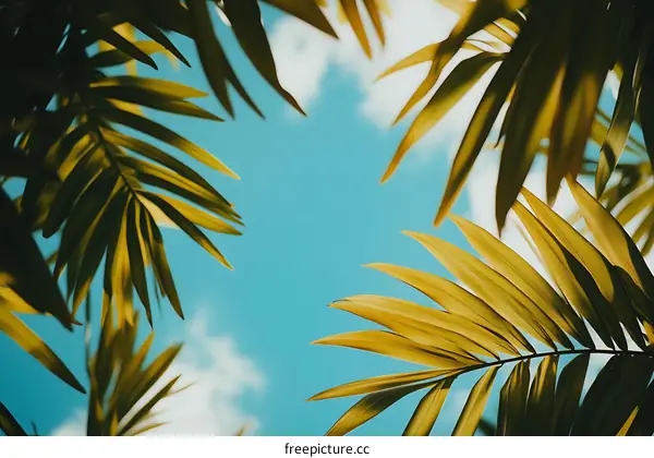 Palm Tree Leaves Against Blue Sky