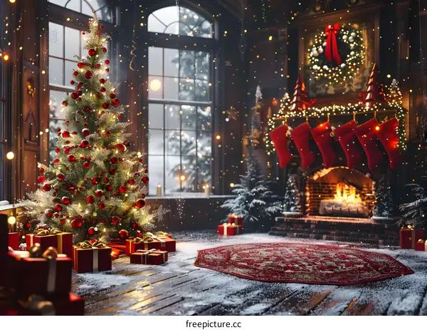 Christmas tree in front of fireplace