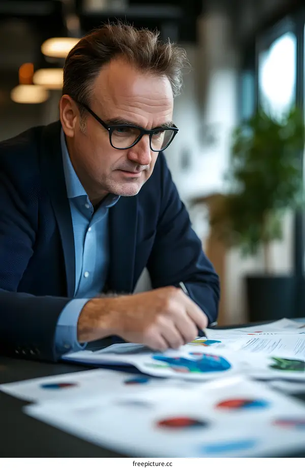 Caucasian Businessman Analyzing Charts and Graphs