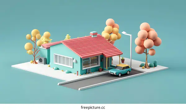 Minimalist 3D Render of a Cartoon Style House With a Car and Trees